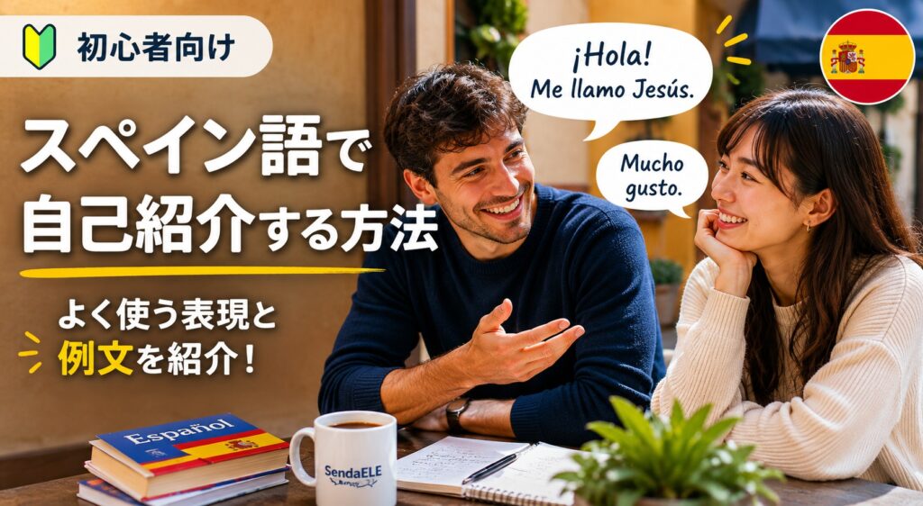スペイン語で自己紹介する方法を説明するイラスト。スペイン語で会話する男女と自己紹介の例文。