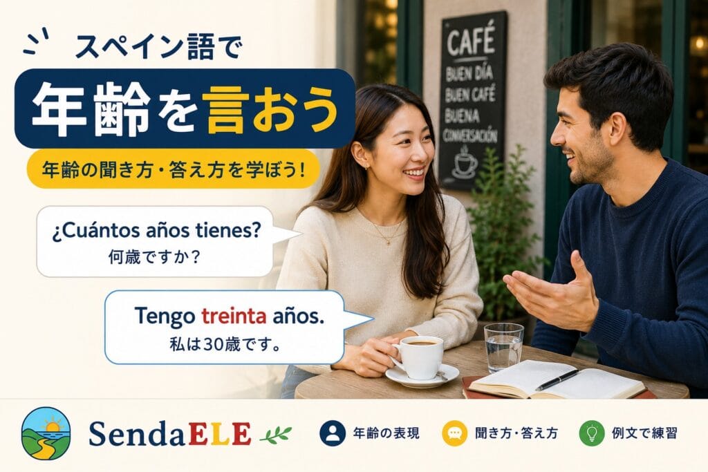 スペイン語で年齢について話す男女。¿Cuántos años tienes? と Tengo treinta años の会話例。