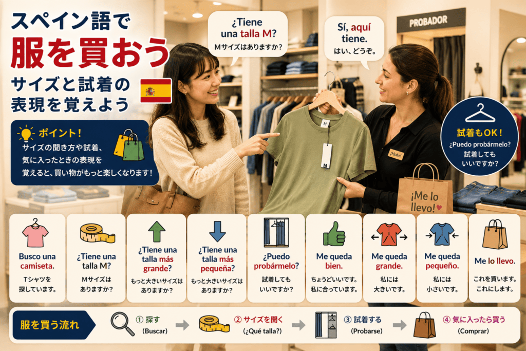 スペイン語で服を買おう|サイズと試着の表現を覚えよう 服屋でTシャツのサイズについて店員に質問する女性。スペイン語で「¿Tiene una talla M?」や試着、サイズが合うかを伝える基本表現を学ぶためのイメージ。