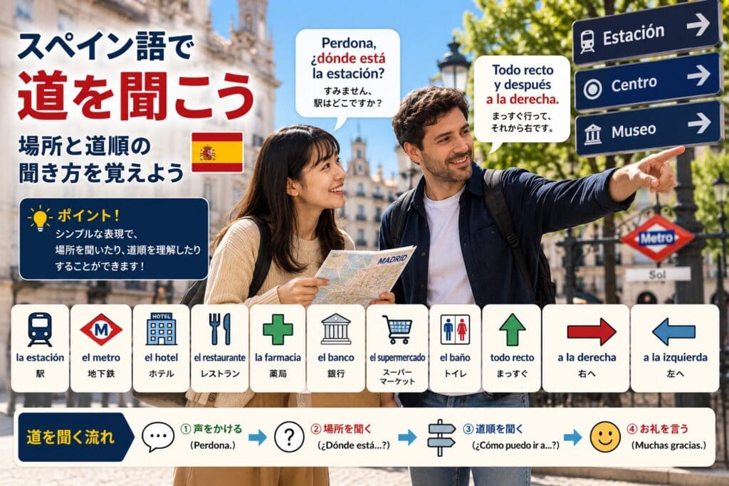 スペインの街で地図を見ながら駅への道を尋ねる旅行者。スペイン語で「¿Dónde está...?」や「todo recto」「a la derecha」「a la izquierda」など、場所や道順を聞く基本表現を学ぶためのイメージ。