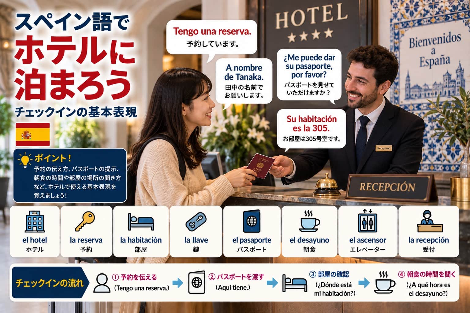 スペイン語でホテルに泊まろう｜チェックインの基本表現
