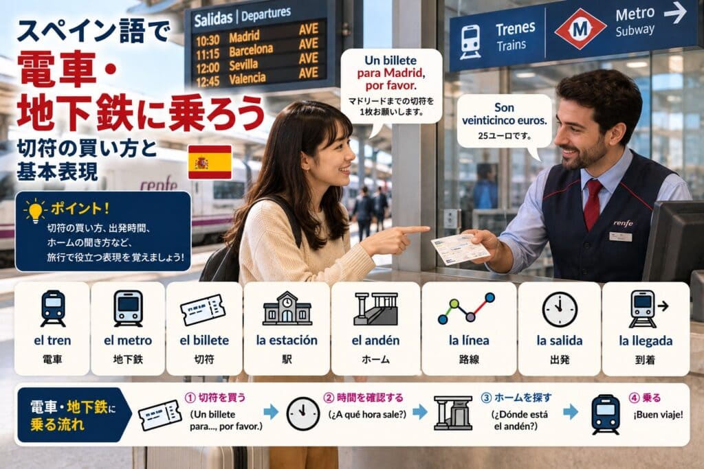 スペインの駅で窓口の係員から切符を買う旅行者。スペイン語で「Un billete para Madrid, por favor.」や出発時間、ホームの場所などを聞く基本表現を学ぶためのイメージ。