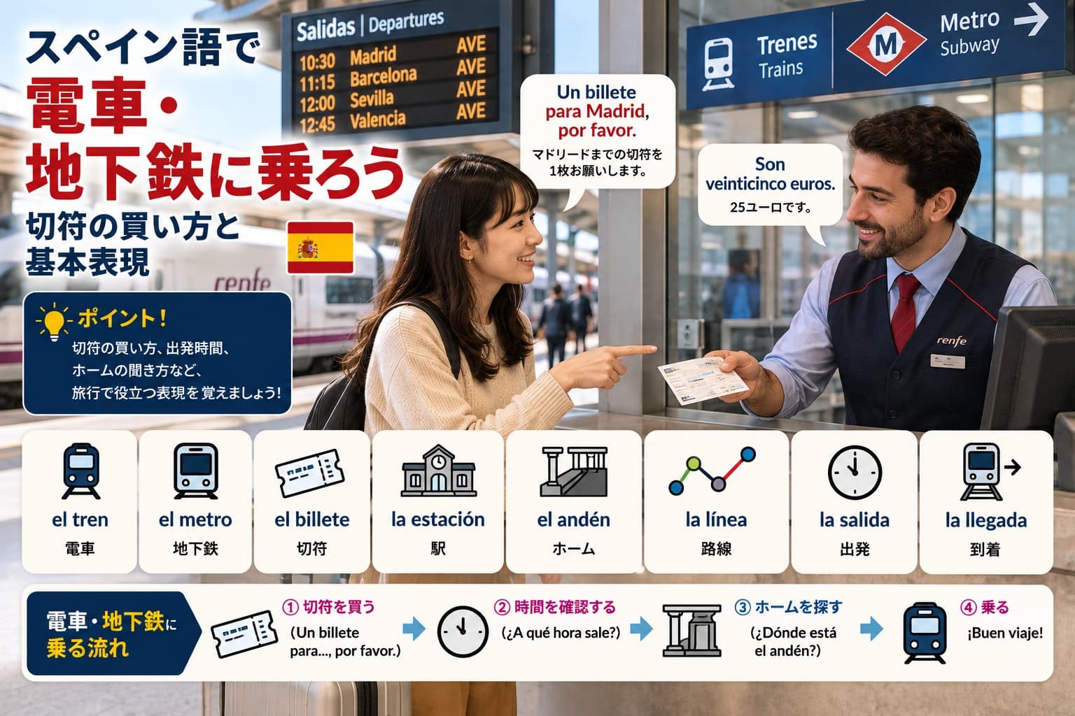 スペイン語で電車・地下鉄に乗ろう｜切符の買い方と基本表現