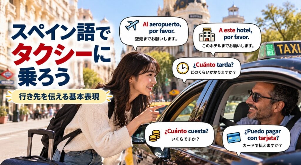 スペインの街でタクシー運転手に行き先を伝える旅行者。スペイン語で「Al aeropuerto, por favor.」や所要時間、料金、カードでの支払いについて尋ねる基本表現を学ぶためのイメージ。