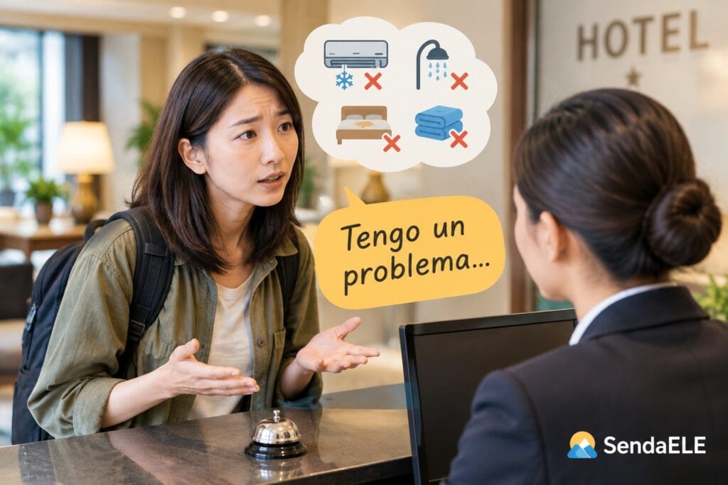 ホテルのフロントで、エアコンの故障やお湯が出ない問題をスタッフに伝える旅行者。スペイン語で「No funciona el aire acondicionado.」や「No hay agua caliente.」など、ホテルで困ったときに使える基本表現を学ぶためのイメージ。